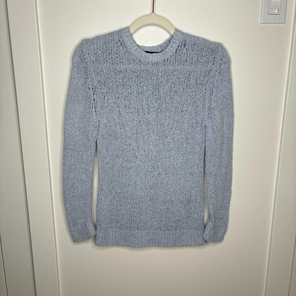Theory Shrunken Crew Feathered Cotton Linen  Sweater Light Blue Size S - Picture 2 of 6